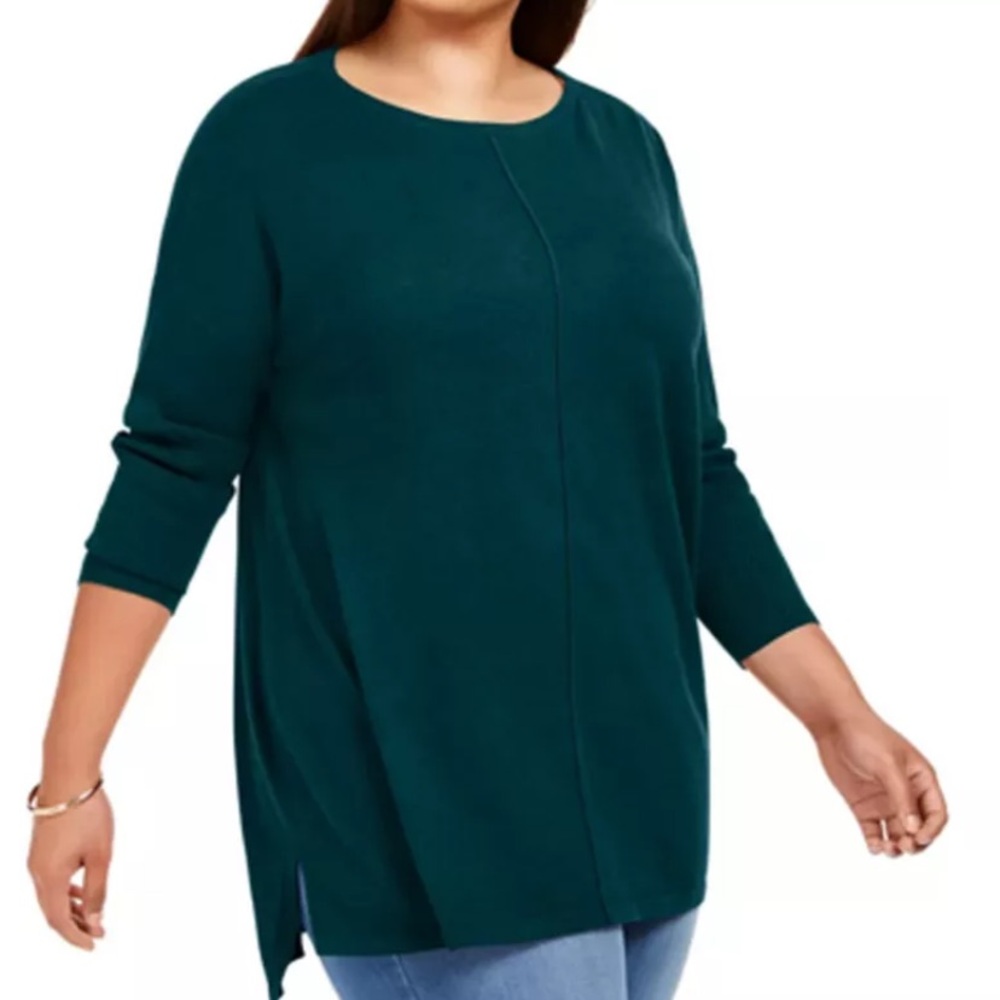 Style & Co Tunic Sweater Top Seamed Tree Green Plus Size Long Sleeves